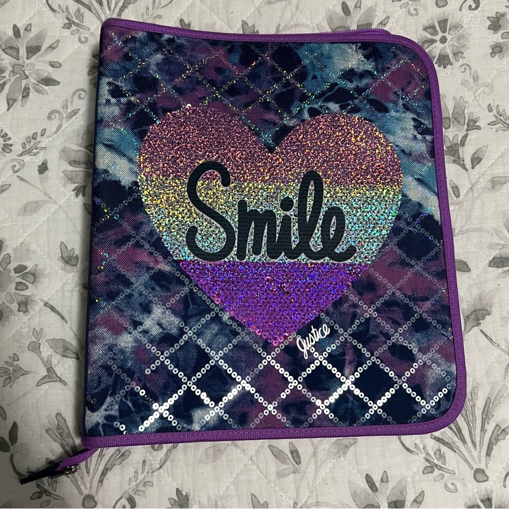 Justice Blue & Purple Tie Dye Sparkly Sequin Binder Zipper Case